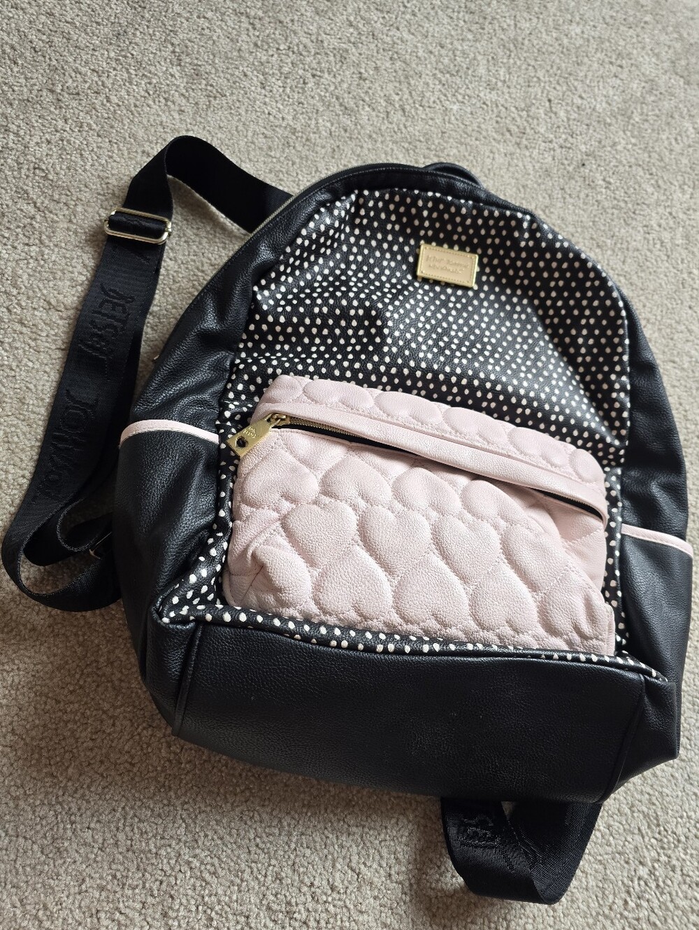 Betsey Johnson Backpack Pink Black DOTS Quilted Hearts Festival Travel Bag - Picture 2 of 16